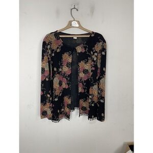 MSK Women's 3X Black Floral Open Front Kimono Shrug Cardigan with Pom Trim‎